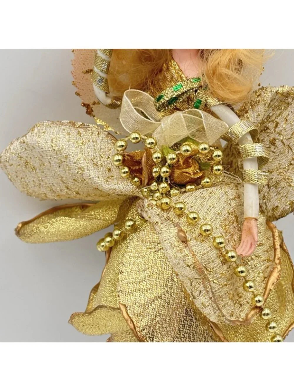 Vintage Porcelain Fairy Lady Gold Green Christmas Ornament Pearls Beads 8 in
